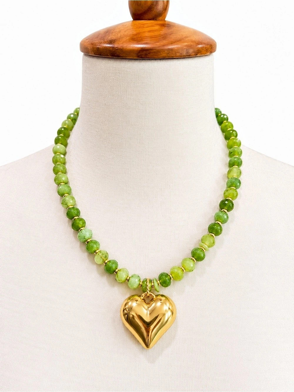 Handmade Green Beaded Glass Necklace Heart Charm Heart Pendant Necklace